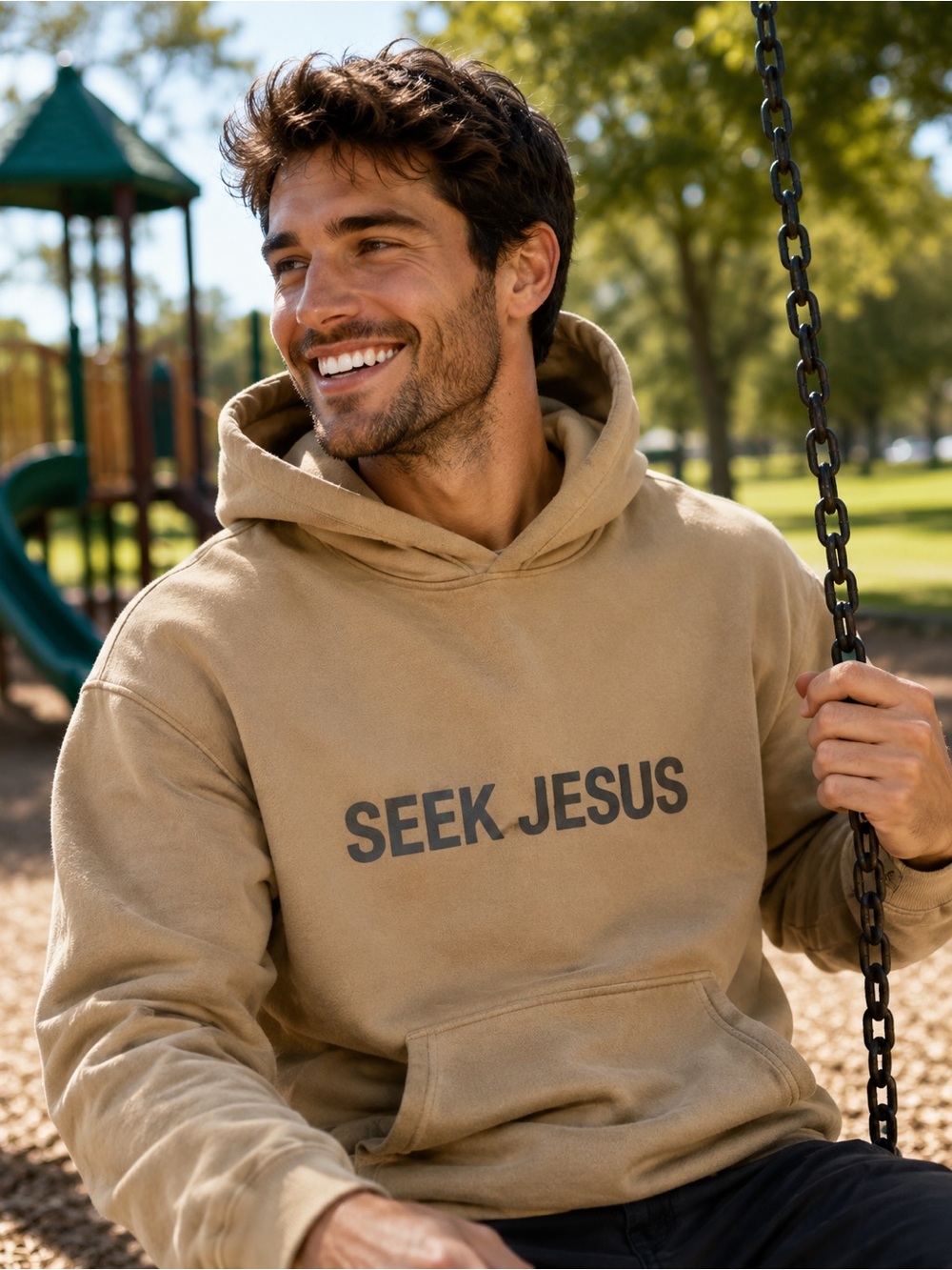Men's 'Seek Jesus' Hooded Religious Sweatshirt - Tan size Large